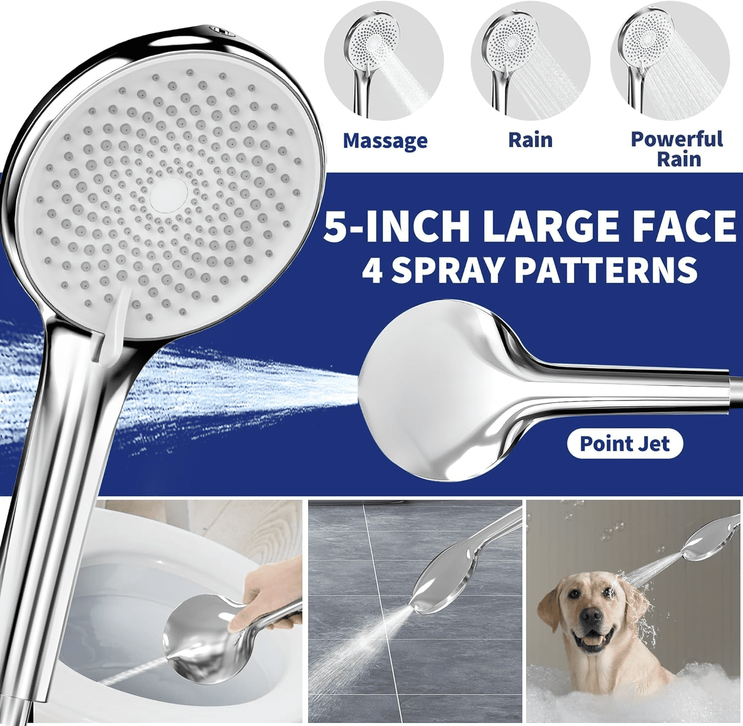 Shower Head 8" High Rain Showerhead Combo Pressure Rainfall & 4Modes Shower Heads with Handheld Shower Head Attached, 60 Inch Hose,304 Stainless Steel,Silver