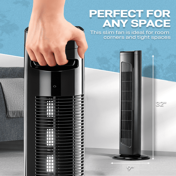 Alvantor 32-Inch Tower Fan with Remote, 3 Speeds, 3 Wind Modes, Oscillation, 7.5-Hour Timer, Black