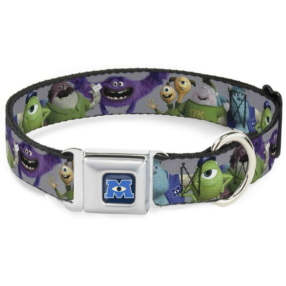 Disney Pet Collar, Dog Collar Metal Seatbelt Buckle, Monsters University Character Lineup Gray, 16 to 23 Inches 1.5 Inch Wide