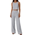 thumbnail image 4 of Women's Summer 2 Piece Outfits Set Solid Color Round neck Sleeveless Tank Crop Top Wide Leg pants Set Pockets Gray XXXL(XXXL), 4 of 7