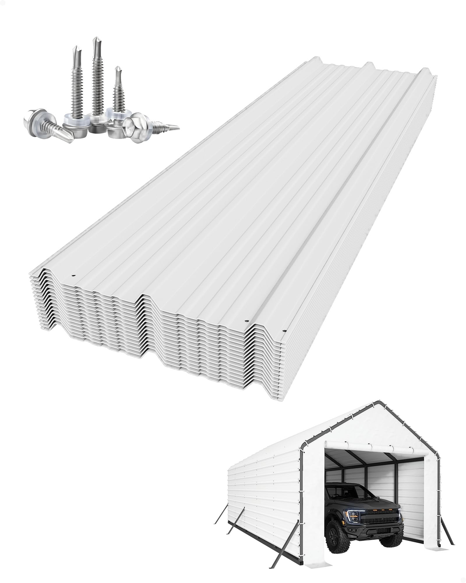 Ribbed Metal Roofing Panels 16 Pcs, 64.17'' x 19.68'' Galvanized Steel Sheets, 27 Ga. Corrugated Tin Roof Panels Roofing Sheets, Heavy Duty Replacement Cover for Carport, Gazebo, Creamy