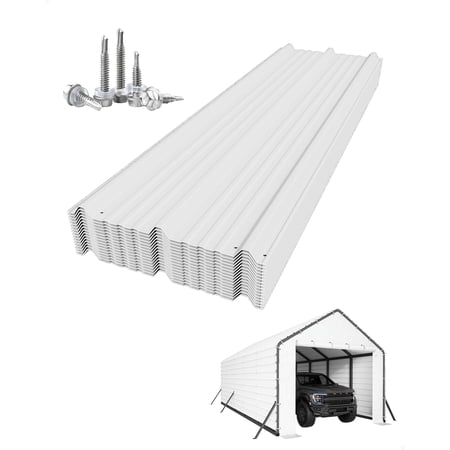 Metal Carport, Carport Kits 13x26 FT 13x21 FT 13x16 FT Heavy Duty Roofing Panels - 27 Ga. Galvanized Steel Ribbed, 64.17''x19.68'' 16 Pcs White for Replacement