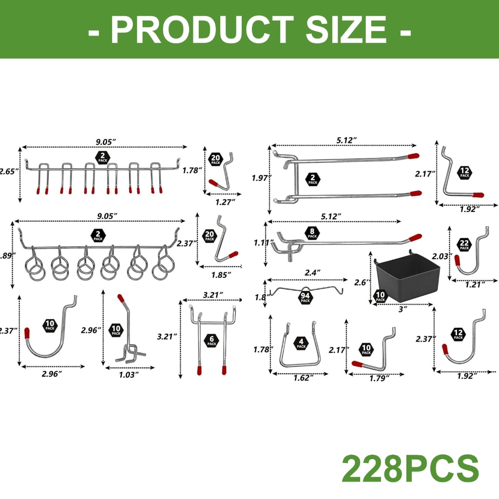 PatungKu 228Pcs Heavy Duty Metal Pegboard Hooks For Tool Organization Rustproof Hangers For Garage Workshop Storage