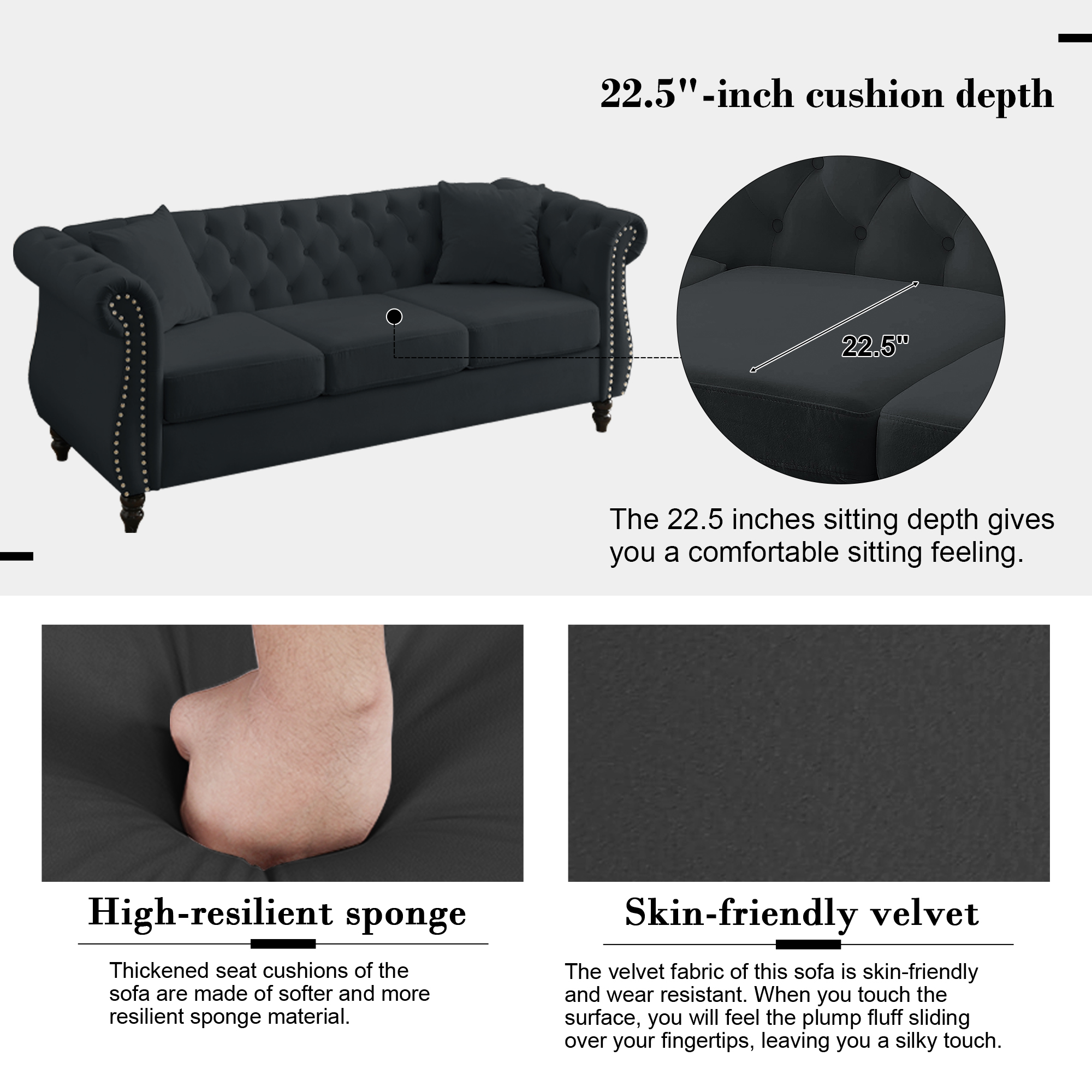 Mid-Century 80"L Couch, 3-Seat Couches and Sofas, Upholstered Sofa with Thicked Cushions, Modern Sofa with Wood Legs, Heavy Duty Couch Furniture for Home Living Room, 80"L x 29"W x 30"H, Black