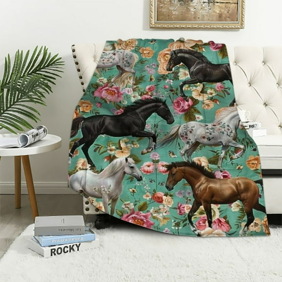 BCIIG Horse Blanket Horse Gifts for Girls Women, Soft Horse Blanket for Girls, Cozy Lightweight Flowers Quilt Throw Bedding for Kids Adults Couch Bed Chair Horse Bedroom Decor 40x50in