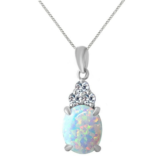 AFFY White Opal & White Sapphire Oval Pendant Necklace 14k White Gold Over Sterling Silver (1 Carat)