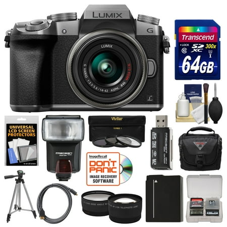 Panasonic Lumix DMC-G7 4K Wi-Fi Digital Camera & 14-42mm Lens (Silver) with 64GB Card + Case + Flash + Battery + Tripod + Tele/Wide Lens Kit