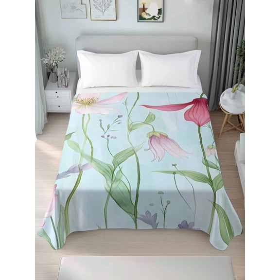 Blue Pink Green Floral Full Size Flat Sheet, Wrinkleproof & Fadeproof Cooling Flat Bed Sheet Only, Seasonal Botanical Blooms Breathable Soft Bedding Top Sheets 81 x 96 Inches