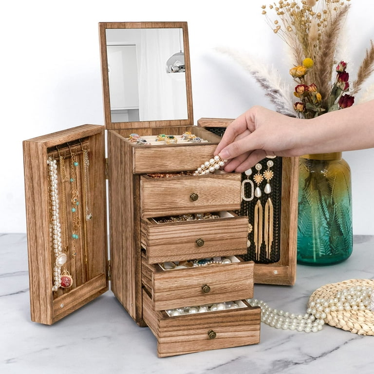 Meangood Jewelry Box Wood for Wowen, 5-Layer Large Organizer Box with Mirror & 4 Drawers for Rings, Earrings, Necklaces, Vintage Style Torched Wood