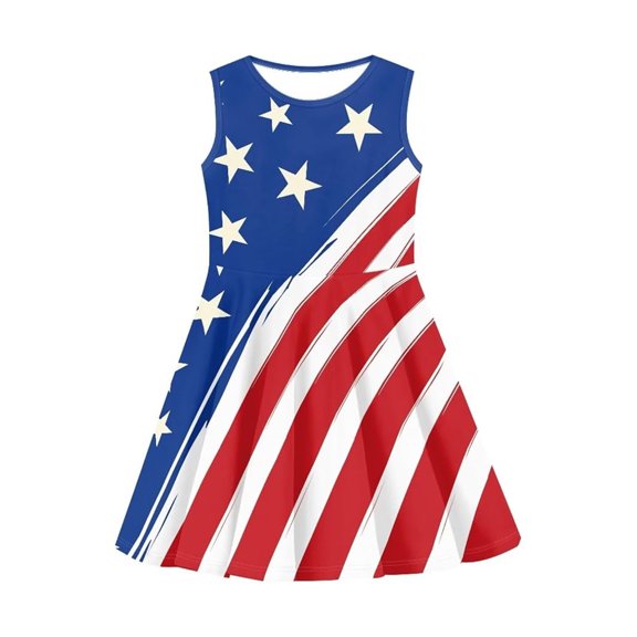 Bysome Girls Dresses Star Striped Print Sleeveless Crew Neck Dress Smooth Girls Dresses Size 3-4 Years Blue