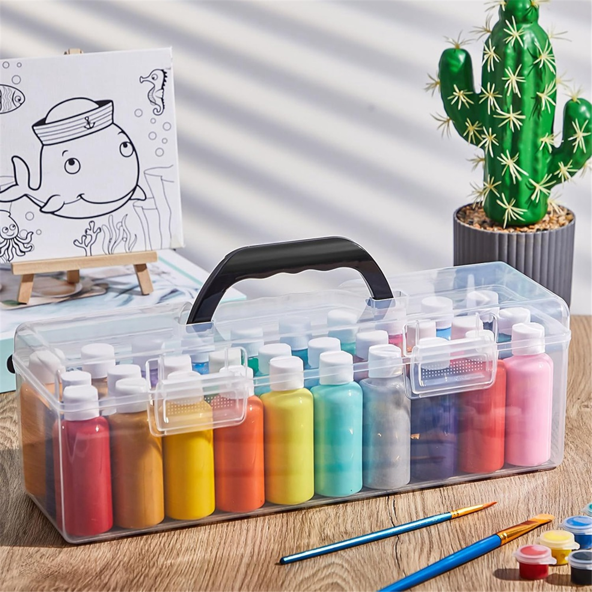3 Pcs Paint Storage Box for 2 Fl. Oz Acrylic Paints, Acrylic Portable Craft Art Organizer with Handle, 30 Bottles Black