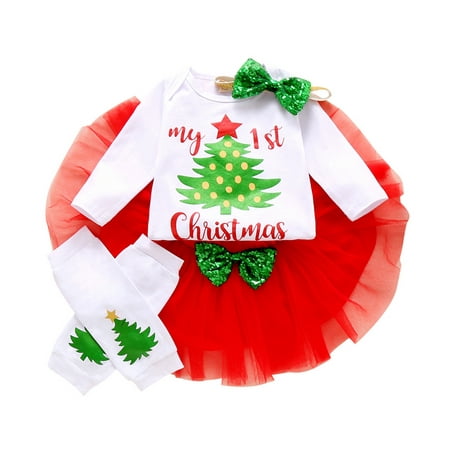 

GWAABD Baby Toddler Girl Clothes White Cotton Blend Girls Long Sleeve Letter Xmas Tree Printed Romper Bodysuit Skirts Headbands Outfits 80
