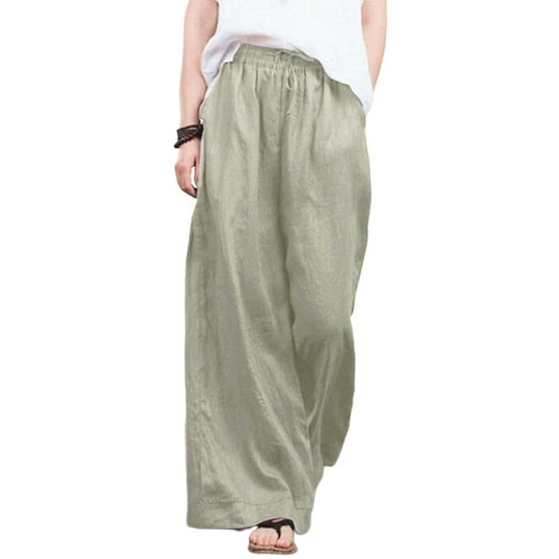 Women Cotton Linen Elastic Waist Wide Leg Baggy Pants Skirt