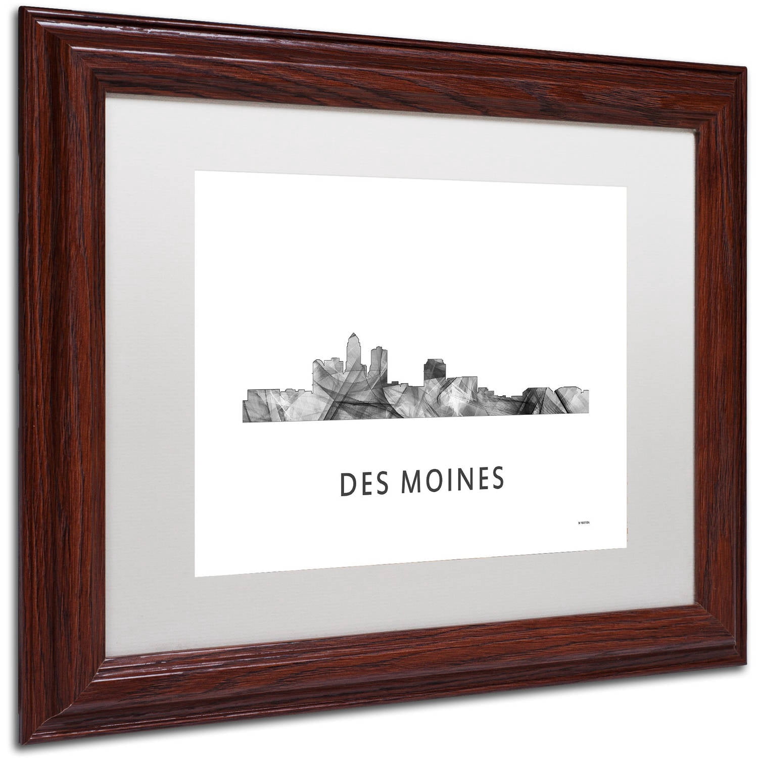 Trademark Fine Art 'Des Moines Iowa Skyline WB-BW' Canvas Art by Marlene Watson, White Matte, Wood Frame