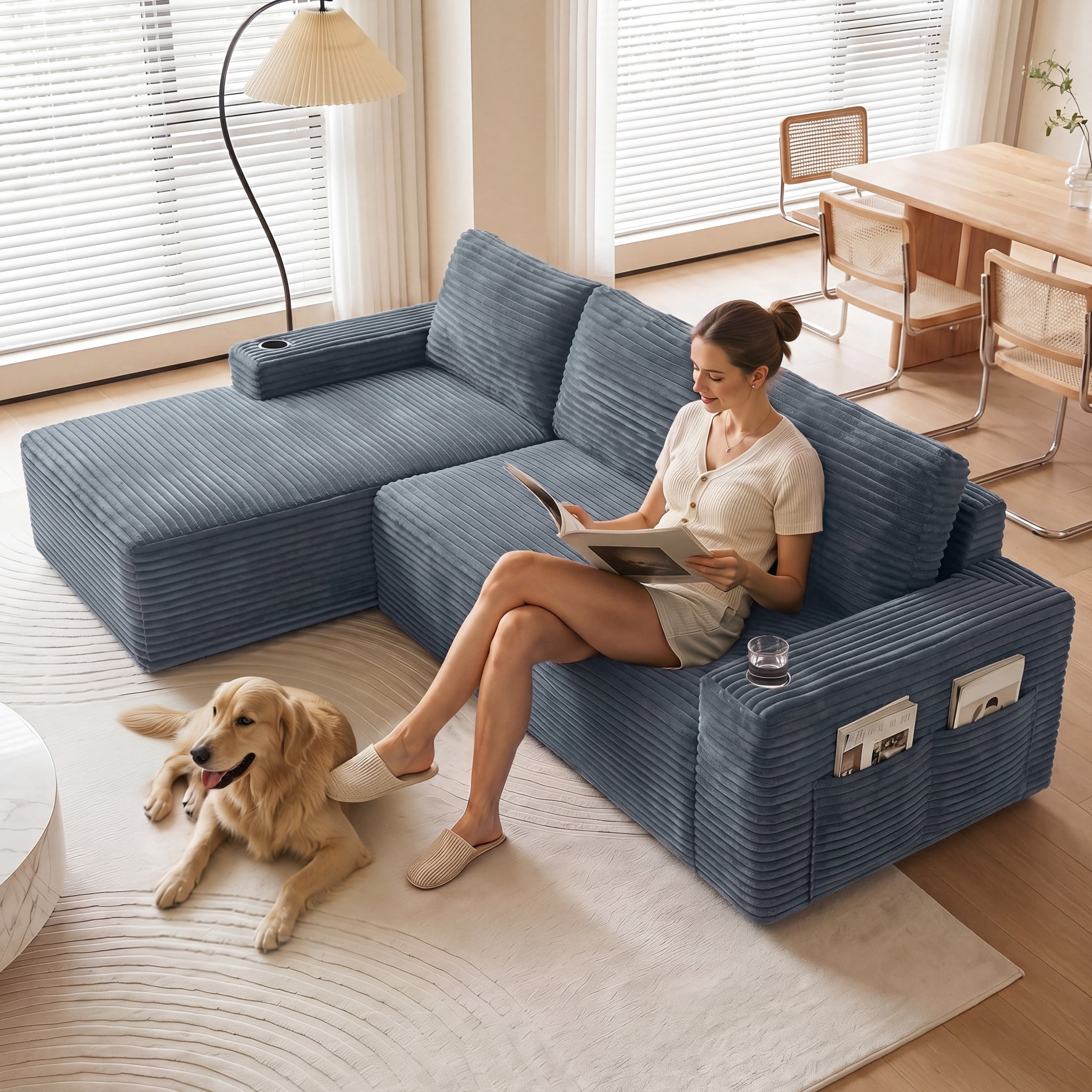Aenkyo 104 Inch Corduroy L-Shaped Cloud Sectional Sofa with Left Facing Chaise and Cup Holders, Gray