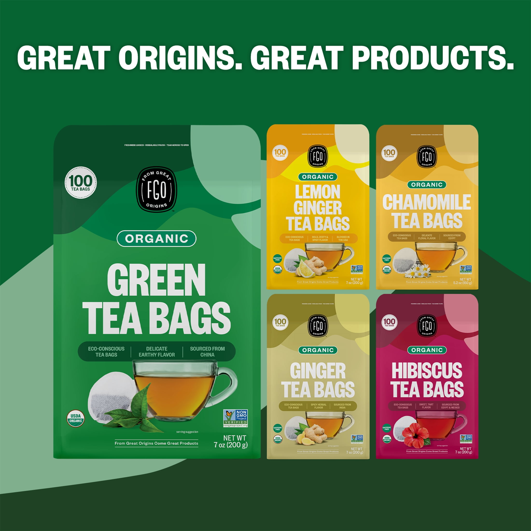 FGO Green Tea, Organic, Eco-Conscious Tea Bags (100 Count)