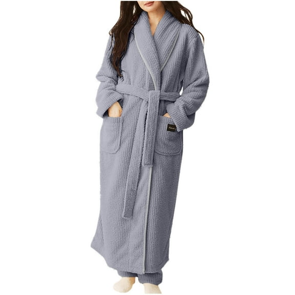 Riecok Womens Plush Robes Long Length Cozy Soft Long Sleeve Warm Bathrobe with Front Pockets and Tie Closure Causal Loungewear Sleepwear Gray L