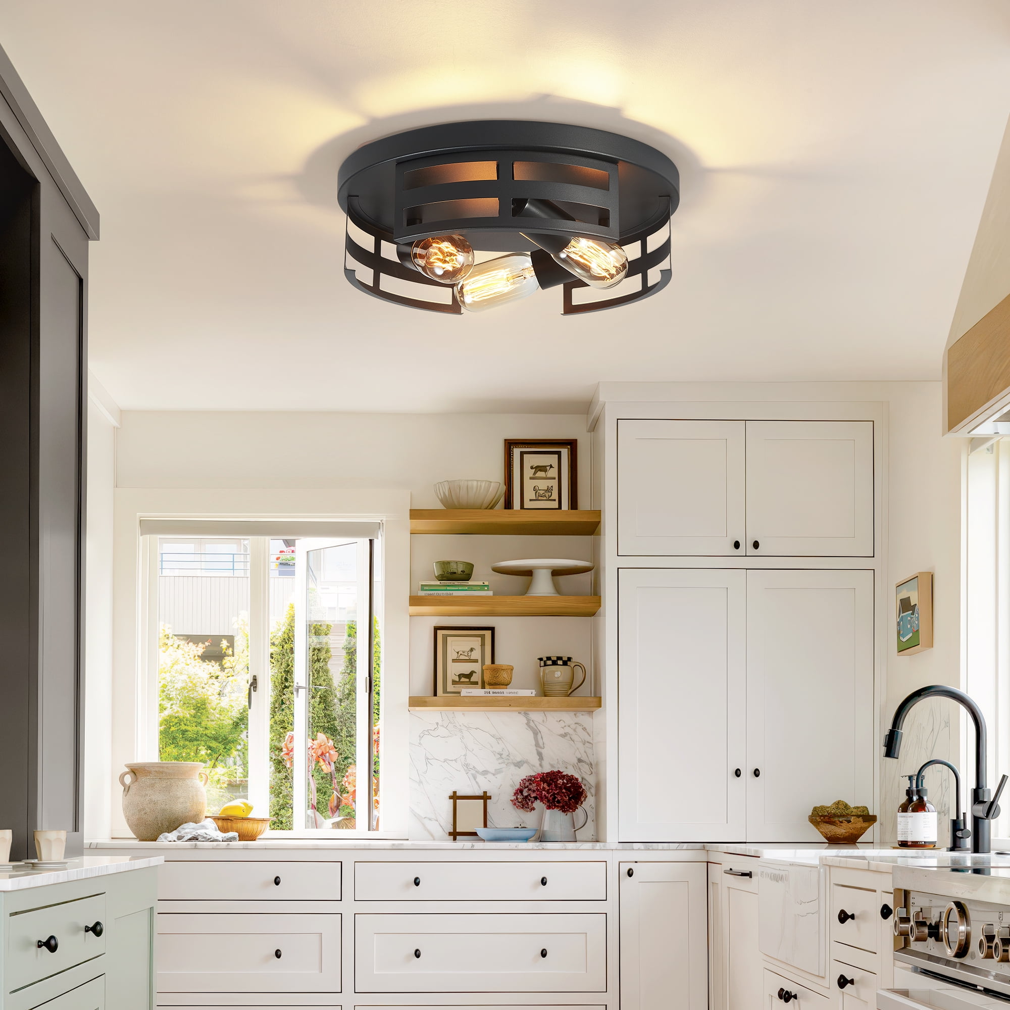 GCGAFUL 12.5 inch 3-Light Vintage Farmhouse Flush Mount Ceiling Light, 2-Pack Matte Black Ceiling Lighting for Kitchen, Hallway, Bedroom