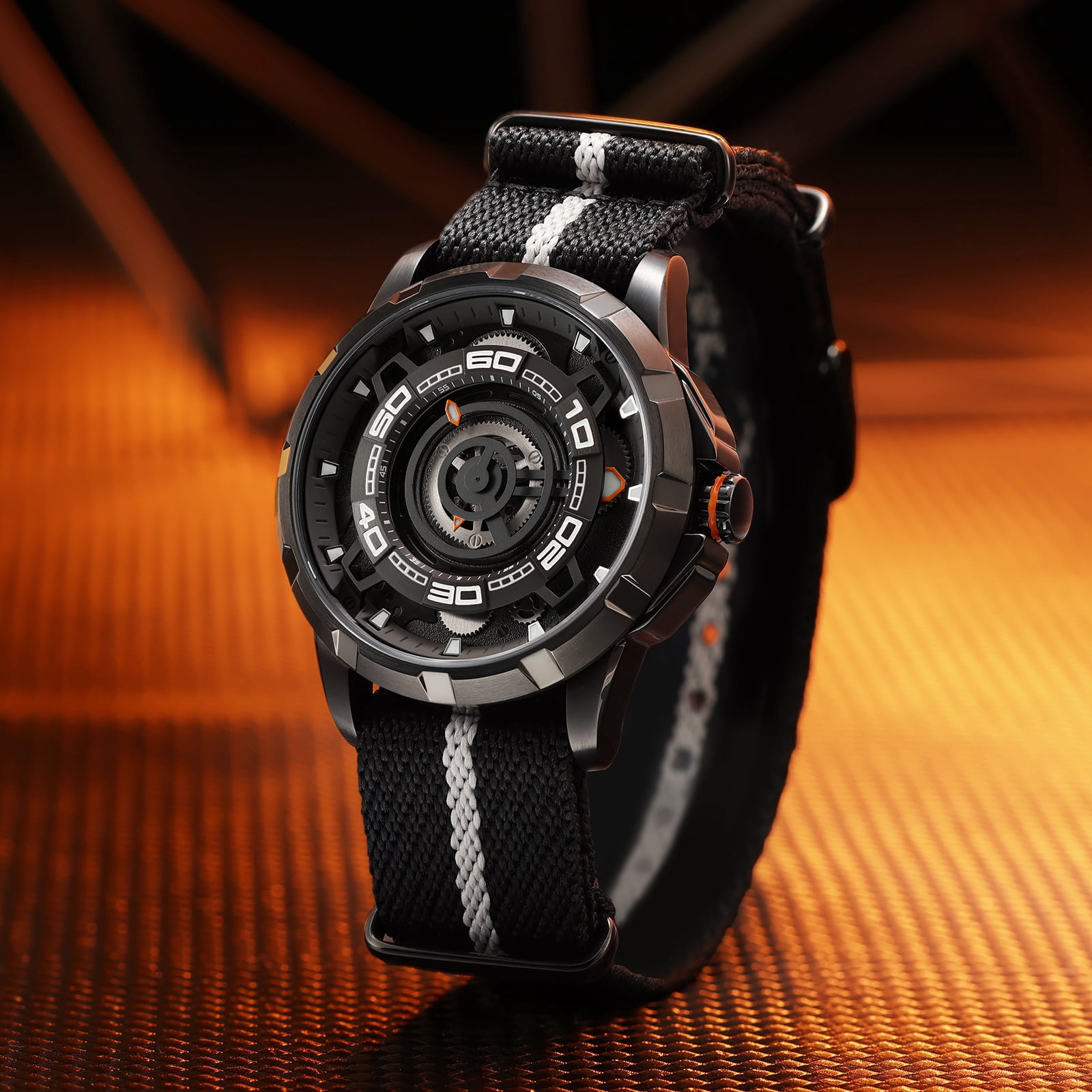 BERNY Mens Skeleton Automatic Watch, Luxury Fashion Self Winding Mechanical Watch with Nylon Strap, Exhibition Caseback, Sapphire Crystal, Luminous 50M Waterproof Watches for Mens Gifts (Black)