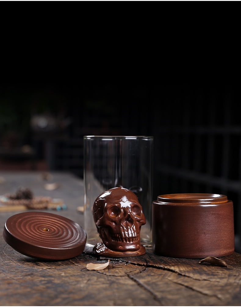 Backflow Incense Holder, Ceramic Waterfall Skull Incense Burner with Incense Cones and Windproof Acrylic Hood, for Halloween/Aromatherapy/Yoga/Home Deco