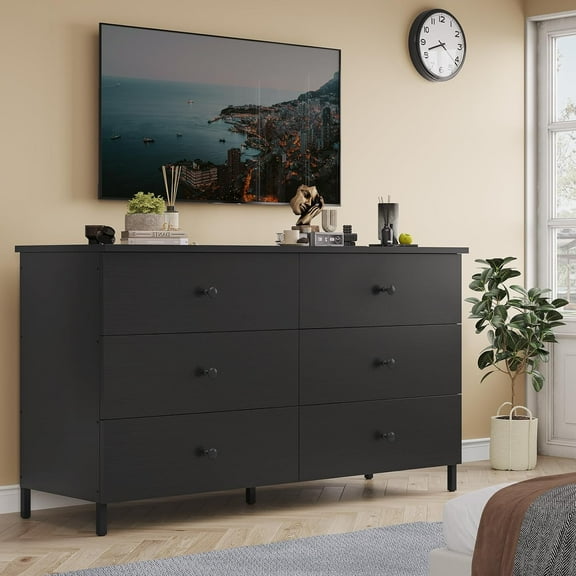 Hasuit 6 Drawers Double Dresser, Wooden Dressers with Heavy Sturdy Steel Frame, Large Capacity Storage Chest of Drawers, Black Dresser for Bedroom, Living Room, Entryway