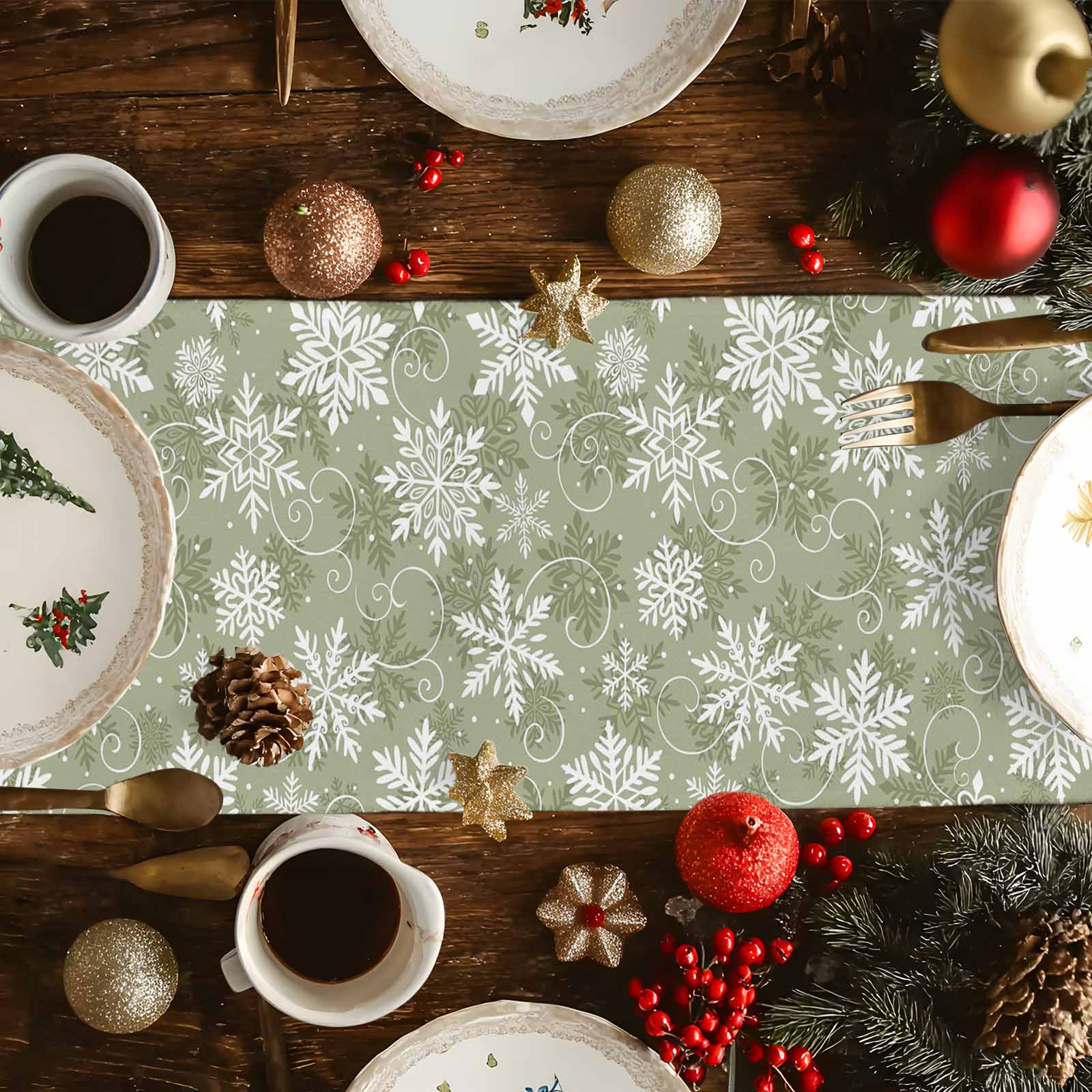 Table Runner Dresser Scarves 90 Inch Long,Sage Green Christmas Snowflake Linen Dining Table Runners