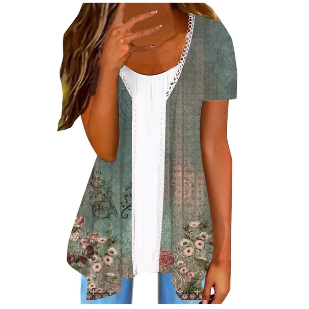 ICHUANYI Clearance Women's Summer Fashion Flower Print Short Sleeve Top T-shirt(Green, S) ICHUANYI WER2023080903441