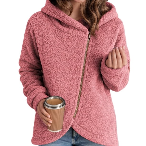 Chaquetas con Capucha y Cremallera para Mujer, Informales, Holgadas, de Forro Peludo y A , con Cremallera y Abrigos Rosa M