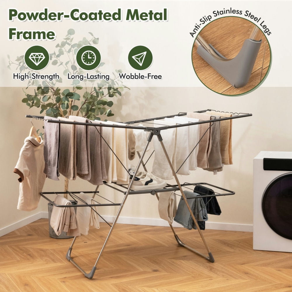 Finihen Drying Rack, Clothes Drying Rack, 2-Tier Clothes Drying Rack with 33 Drying Rails and Height Adjustable Gullwings, for Indoor, Outdoor, Silver Finihen Drying Rack, Clothes Drying Rack, 2-Tier Clothes Drying Rack with 33 Drying Rails and Height Adjustable Gullwings, for Indoor, Outdoor, Silver