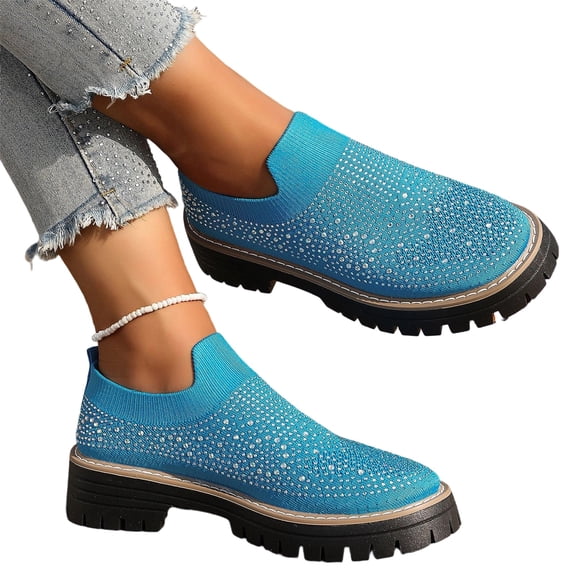 Women's Knit Rhinestone Platform Sneakers Breathable Mesh Round Toe Slip On Lug Sole Loafers Lightweight Walking Sport Casual Shoes