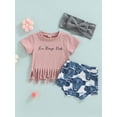 thumbnail image 2 of Bagilaanoe 3pcs Baby Girl Shorts Set Letter Short Sleeves Fringe T-Shirt Top + Bull Head Triangle Shorts + Hairband 0-24 Months Infant Summer Clothes, 2 of 9