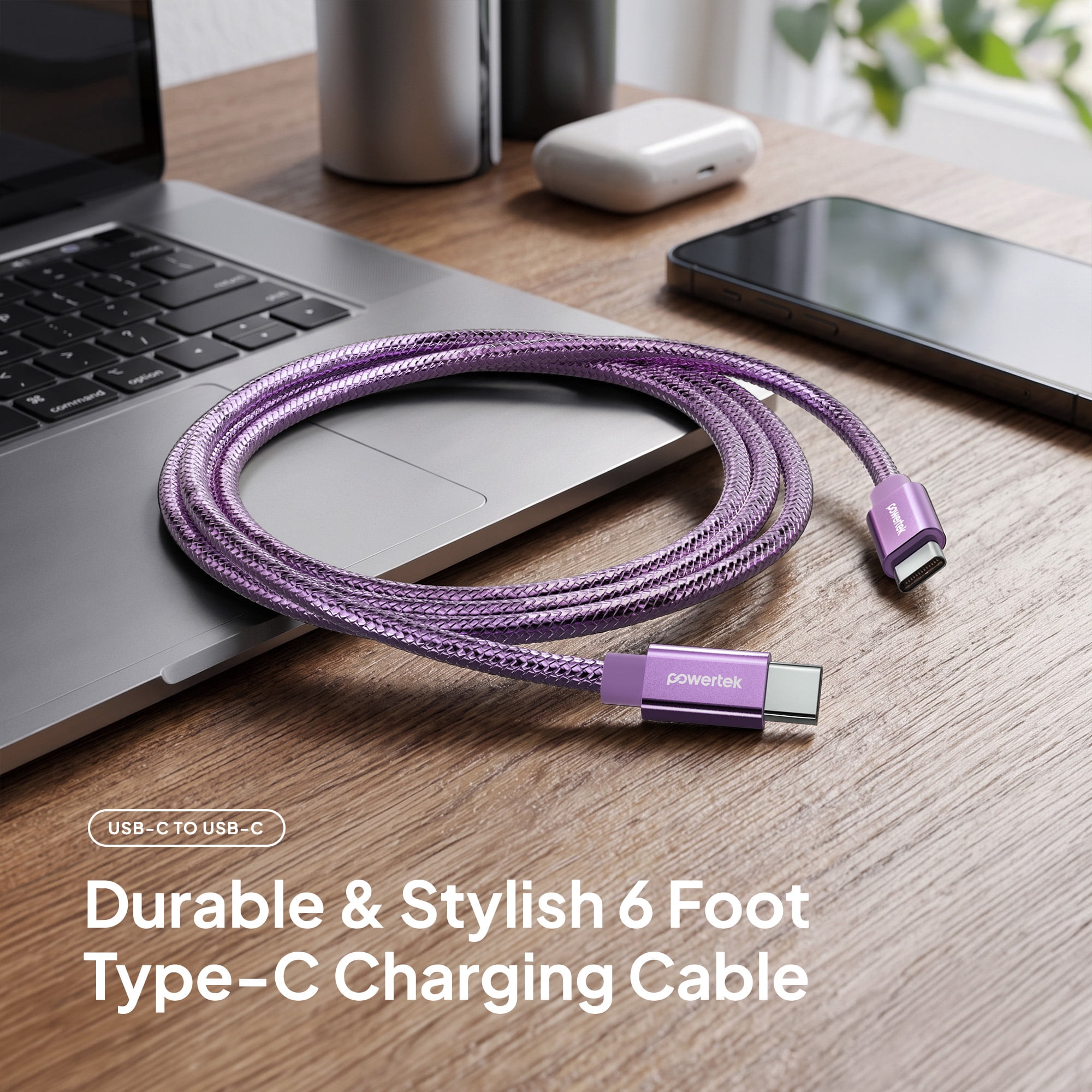 Powertek Luxe 6ft USB-C to USB-C Cable, Purple, Fast Charge & Sync, Metallic Mesh PVC Jacket, Durable Tangle-Free Design