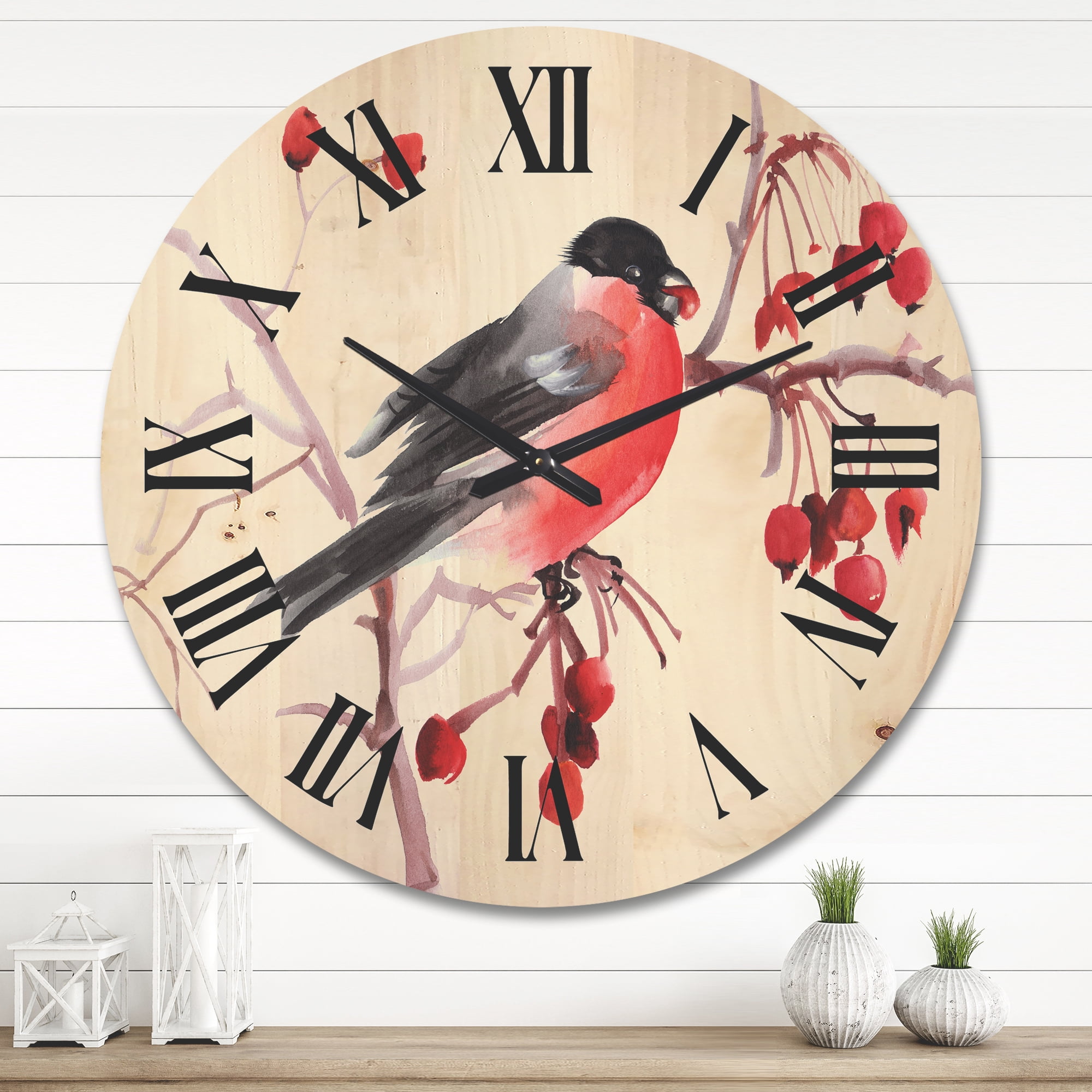 Designart 'Bullfinch Bird Sitting On A Branch' Traditional Wood Wall Clock