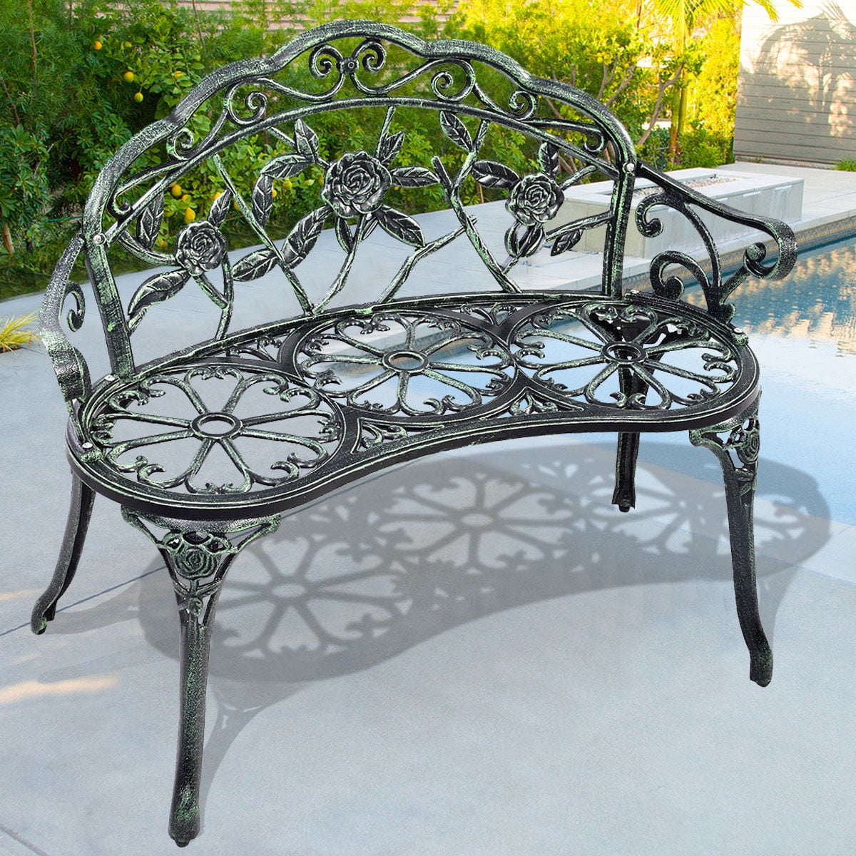 Costway Patio Garden Bench Chair Style Porch Cast Aluminum Outdoor Costway Patio Garden Bench Chair Style Porch Cast Aluminum Outdoor Rose Antique Green