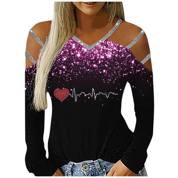 Gibobby Camisa De Invierno Top informal con estampado de de imitación para mujer, camiseta de manga larga con escote en V y hombros descubiertos, blusa(Rosa, L)