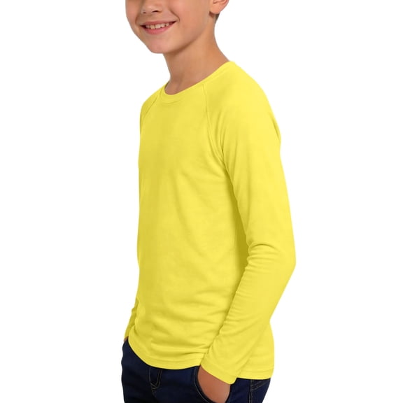 ZyeKqe Boys Girls Long Sleeve Tops Casual Crewneck Lightweight Stretch Fitness Running Workout Tee Shirts for Kids(13-14Years,Yellow)