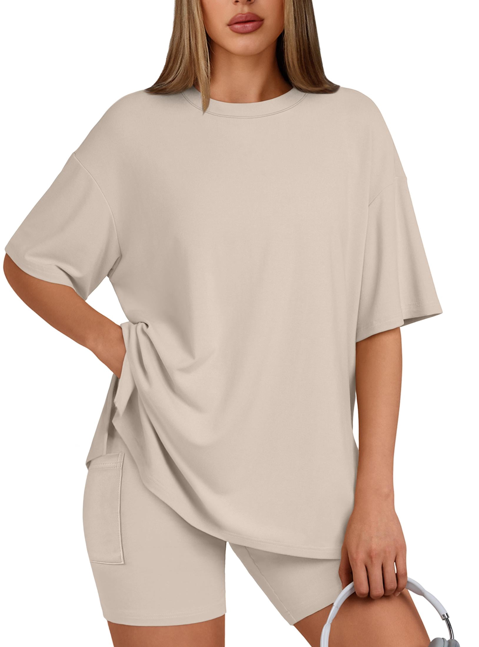 SUNBS Two Piece Lounge Set for Women Outfit Sets Casual Oversized Shirts Biker Shorts Matching Sets