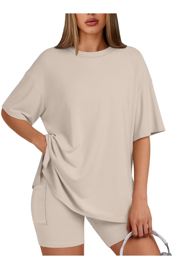 Two Piece Lounge Set for Women Outfit Sets Casual Oversized Shirts Biker Shorts Matching Sets