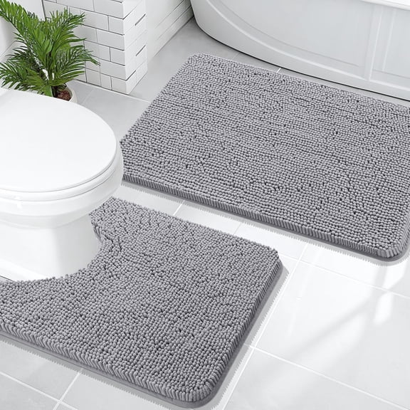 MORAVE Grey 2 Piece Bathroom Rugs Set, Soft Absorbent Chenille Bath Mat & U-Shaped Contour Toilet Mat, Machine Washable Bath Carpet Home Decor (30"x20" 24"x20")