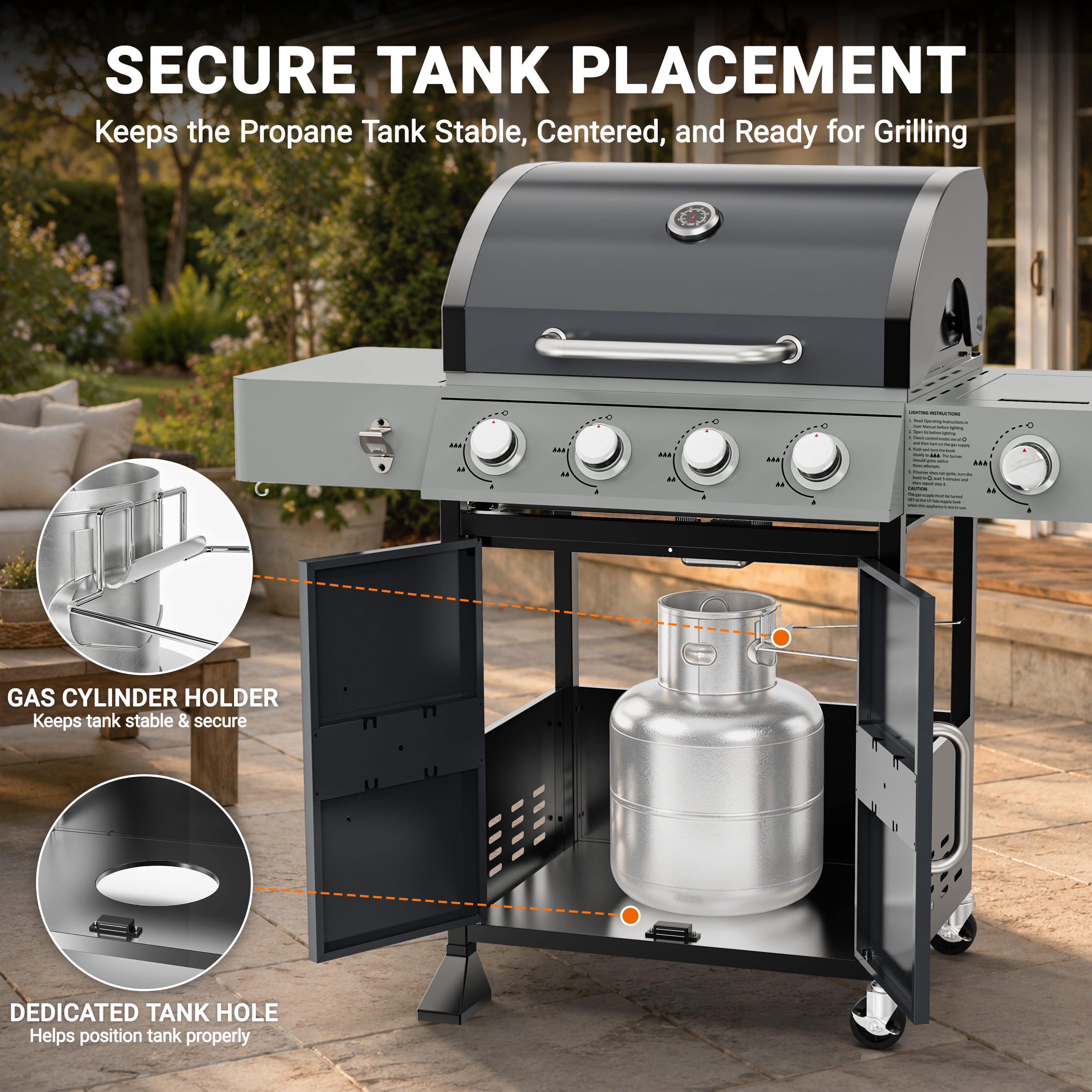 4-Burner Gas Grill with Side Burner, 51,000 BTU Propane BBQ Grill with Porcelain-Enameled Cast Iron Grates, Built-in Thermometer, Ideal for Patio Camping Outdoor Cooking