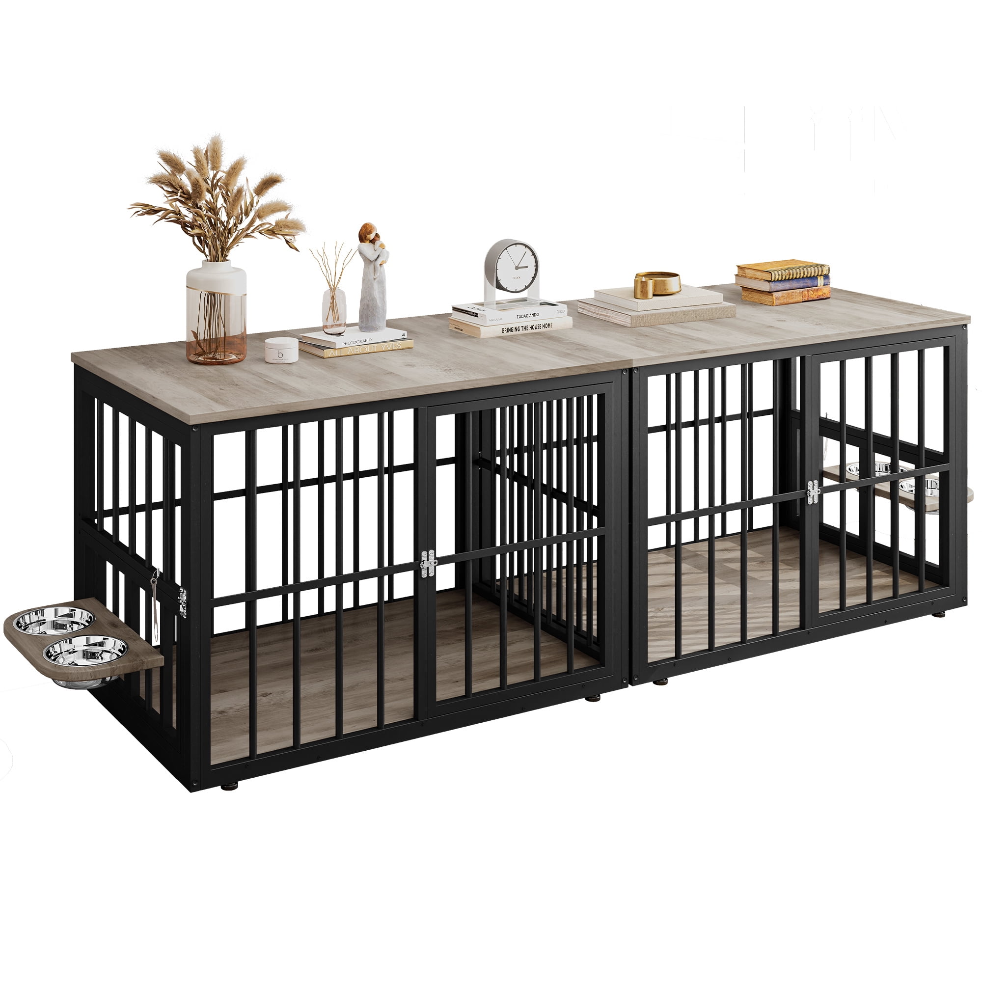 Uforic 88.6" Large Wooden Dog Crate Furniture with 3 Doors & 2 Rotatable Bowls, L-Shaped Adjustable Pet Cage TV Stand with Removable Partition for Medium Large Dogs, Gray