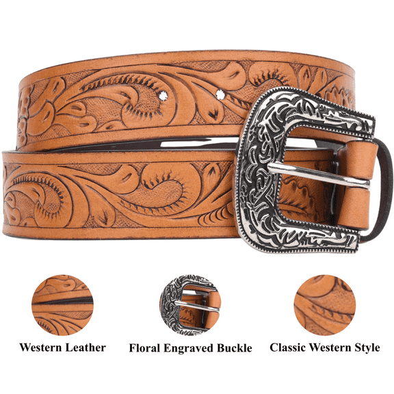 Resistance Western Leather Belt with Floral Engraved Buckle – Hand-Embossed Full-Grain Cowgirl Belt for Women’s Casual Wear, Plus Sizes Available
