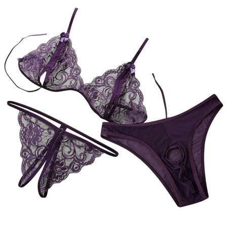 

Zyooh Lingerie For Women Teddy 3 Pieces Lace Bodysuit Nightie Plus Size Purple