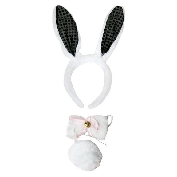 Petitebelle Bunny Ear Headband Bowtie Tail 3pc Costume (White/Black Sequins, One Size)