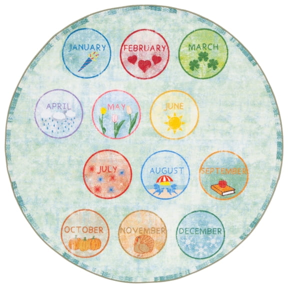 SAFAVIEH Kids Playhouse Months of the Year Machine Washable Area Rug, Green/Blue, 5' x 5' Round