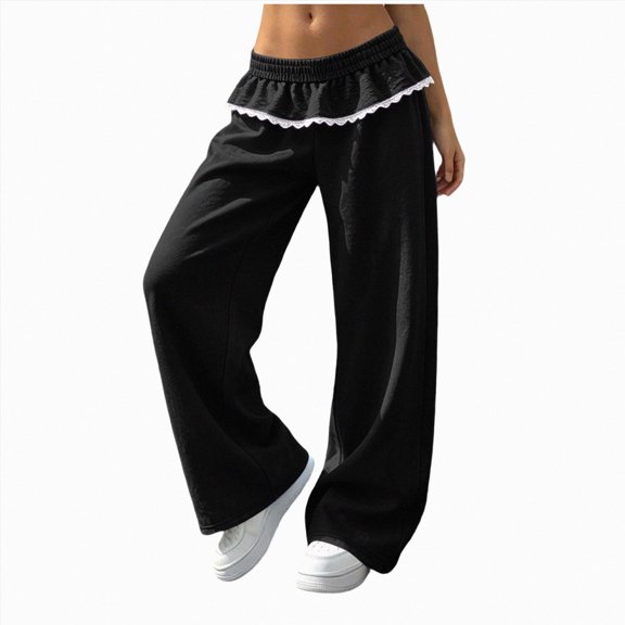 Women Fall And Winter Lace Trimmed Loose Casual Pants Solid Color Pocket Pants Sporty Gym Athletic Fit Jogger Pants L Black Womens Cargo