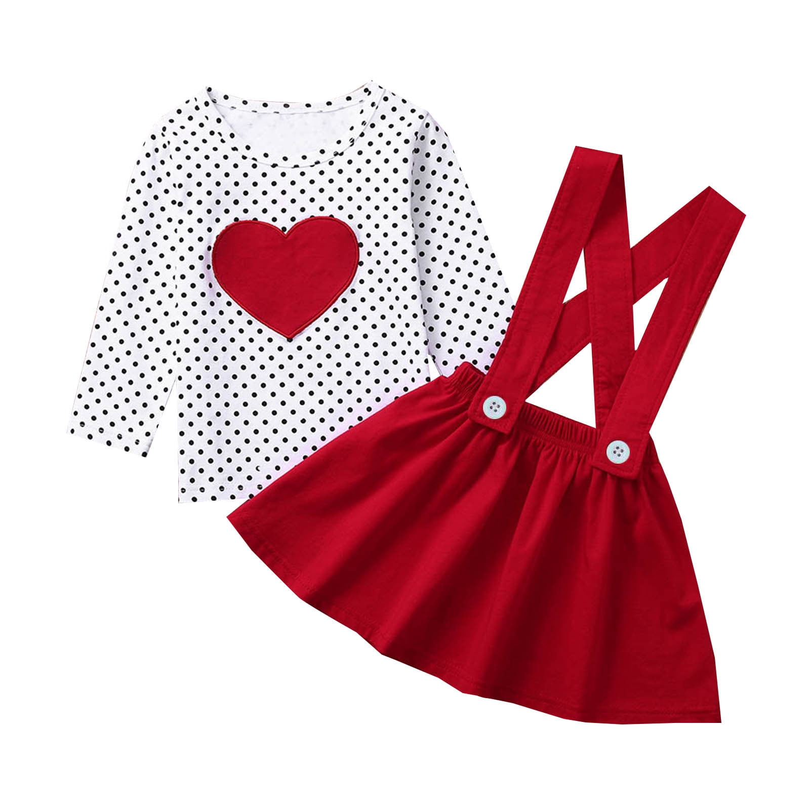 2pcs Toddler Girl Heart Print Short-sleeve White Tee and Polka dots Red Skirt Seta dots Layered Skirt Set