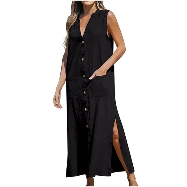 Kmbangi Robes d'Été Sans Manches pour Femmes Robe Longue Fendue avec Poches pour Plage Club Mode Urbaine