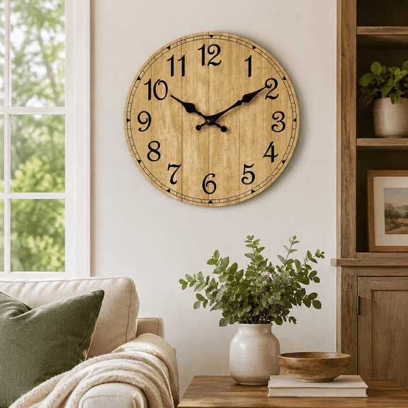 10 Inch Brown Silent Wall Clock, Non Ticking Battery Operated Clock, Vintage Rustic Country Style Decorative Wall Clock for Kitchen, Bathroom, Living Room & Bedroom