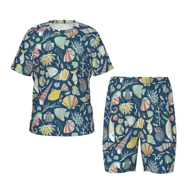 Fotbe Underwater Creature Pijama Estampada de 2 Piezas para Niños – Ropa de Dormir de Manga Corta Cómoda para Niños y Niñas, Camiseta y Shorts de Algodón-Large